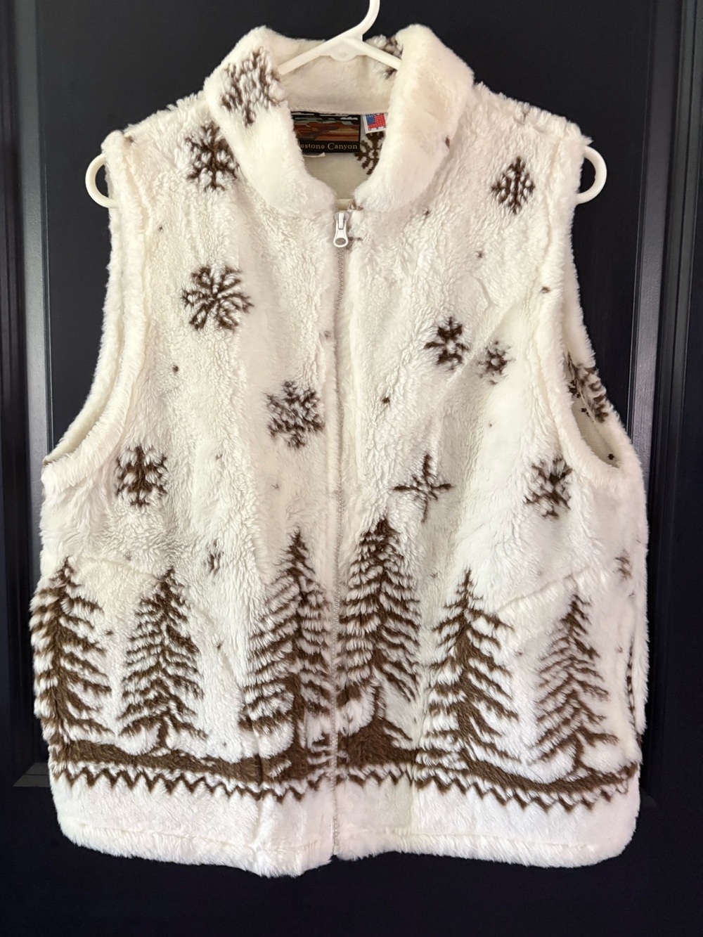 Vintage Cobblestone Canyon Sherpa Vest Womens L USA Pine Trees Snowflake Fleece